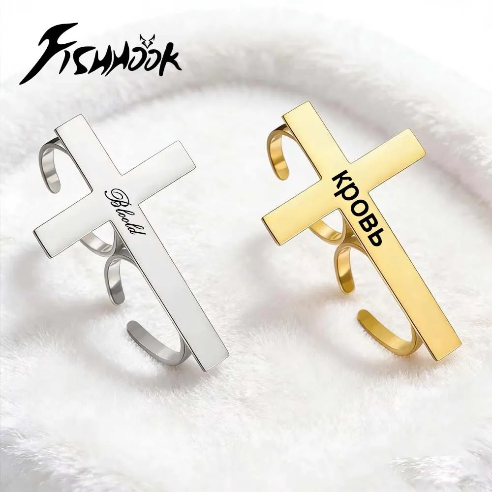 Cross Personalized Name Finger Ring Custom Gift For Woman Men Gold Color Stainless Steel Jesus Christian Amulet Talisman Jewelry Vera Lux