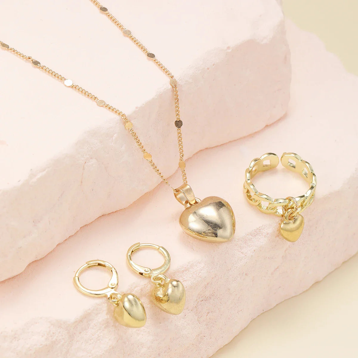 4Pcs/Set Vintage Love Heart Pendant Necklace Ring Hoop Earring for Women Simple Gold Color Smooth Jewelry Set Elegant Party Gift Vera Lux