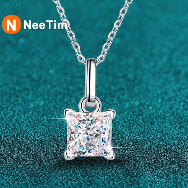 NeeTim 1ct Princess Cut Moissanite Necklace Pendant S925 Sterling Silver Party Wedding Dimond Necklaces For Women Certified Vera Lux