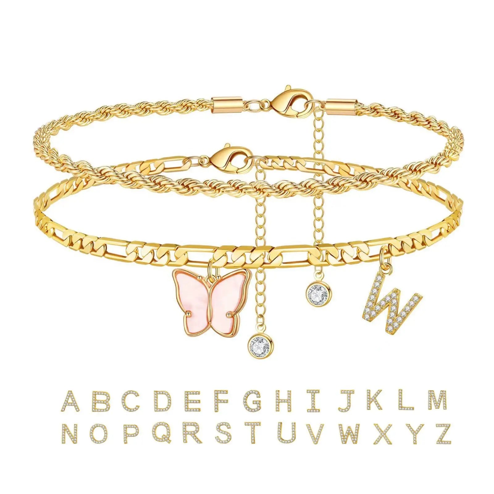 2Pcs Stainless Steel Initial Anklet Set For Women 26 Letter Acrylic Butterfly Charm Chain On Foot Summer Ankle Bracelet Jewelry Vera Lux