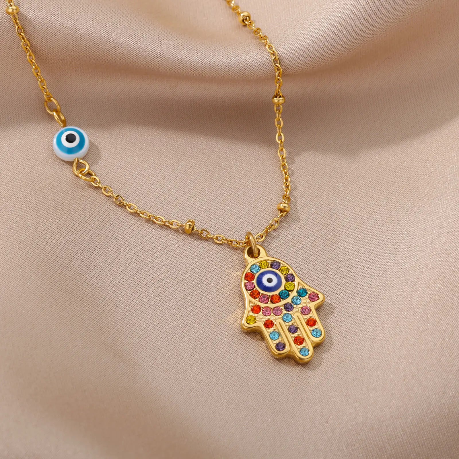 Zircon Evil Eye Pendant Necklace For Women Stainless Steel Turkish Eye Fatima Hand Chain Choker Collar Goth Jewelry onlyfans Vera Lux