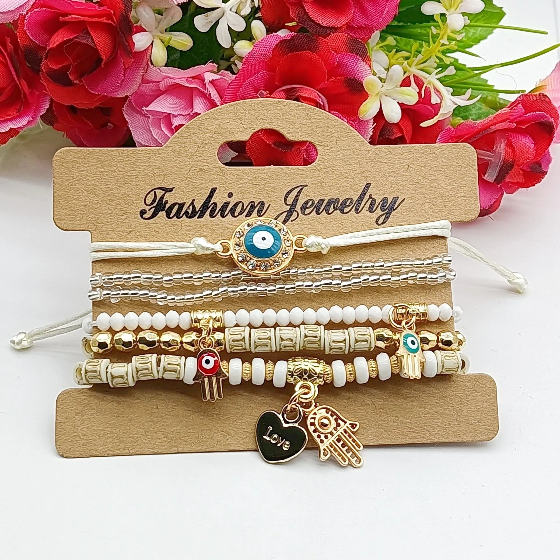 6Pcs Fatima Hand Evil Eye Bracelet Set For Women Heart Charm Beads Rope Chain Bangle Female Bohemian Handmade Jewelry Vera Lux