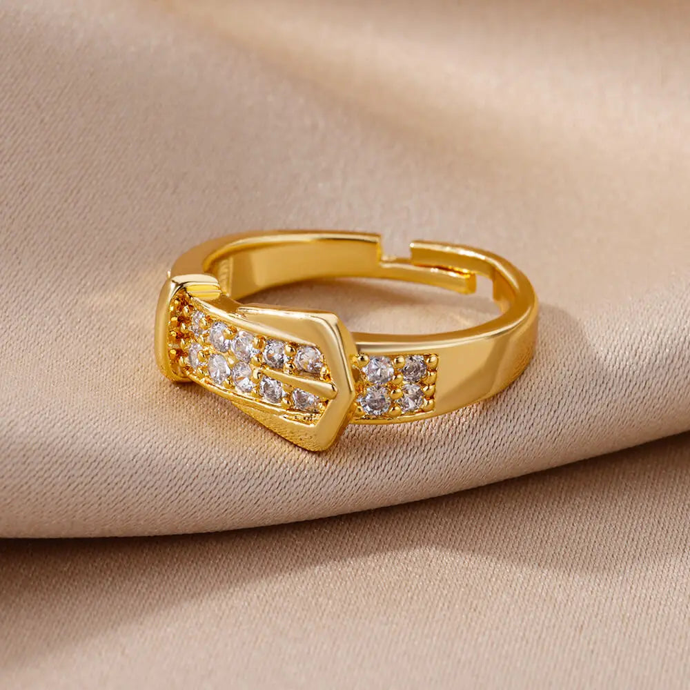 Stainless Steel Belt Rings For Women Zircon Adjustable Belt Finger Ring Femme Geometric Wedding Aesthetic Jewerly Gift anillos Vera Lux