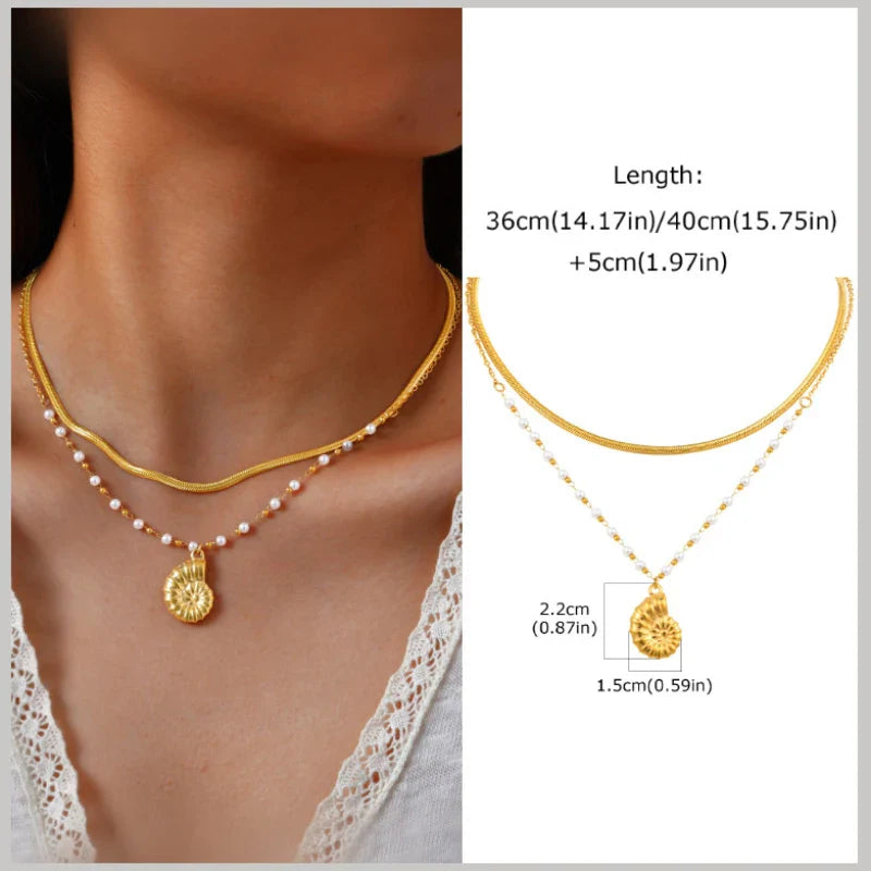 18k Gold Plated Pearl Shell Conch Starfish Summer Beach Necklace, Charms Necklace for Women,Stainless Steel Waterproof Jewelry Vera Lux
