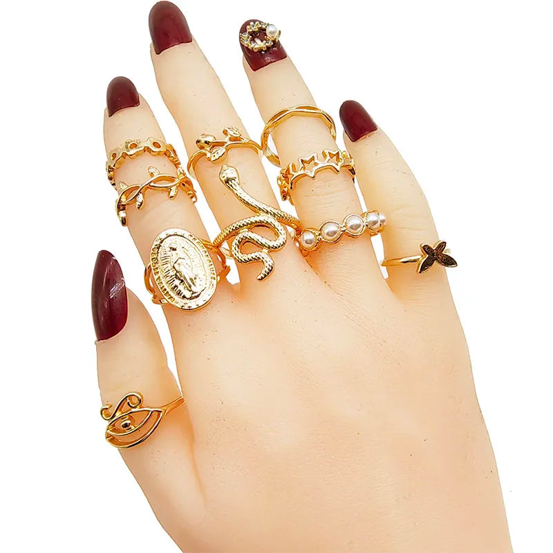 30pc/Lot Gold Color Finger Rings For Girls New Love Snake Animal Butterfly Cutout Star Pearl Thin Joint Ring Party Jewelry Women Vera Lux