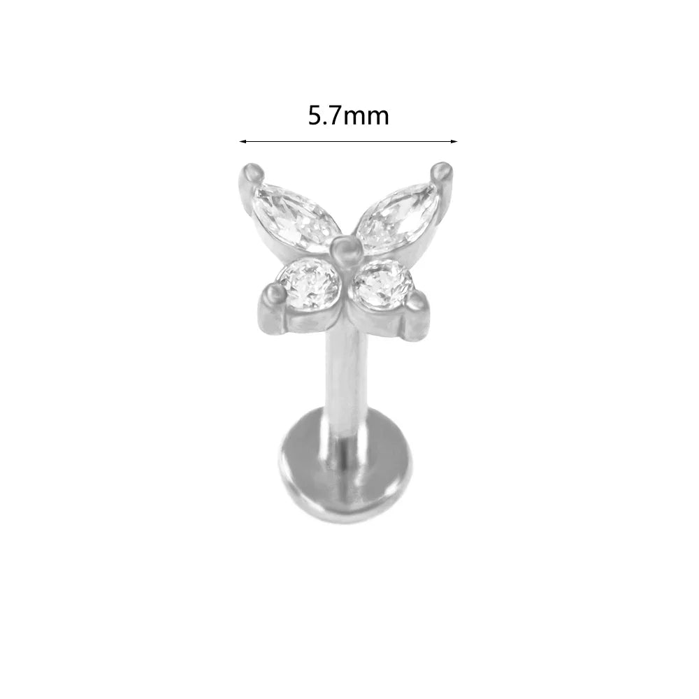 100% 316L Surgical Steel Flower Labret Piercing Butterfly Bee Tragus Snake Cartilage Helix Flat Back CZ Earrings Body Jewelry Vera Lux