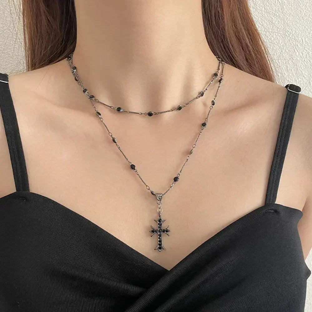 Summer Black Rhinestone Cross Jesus Pendant Choker Necklace for Women Punk Vintage Double Layers Chain 2024 Neck Boho Jewelry Femstylo
