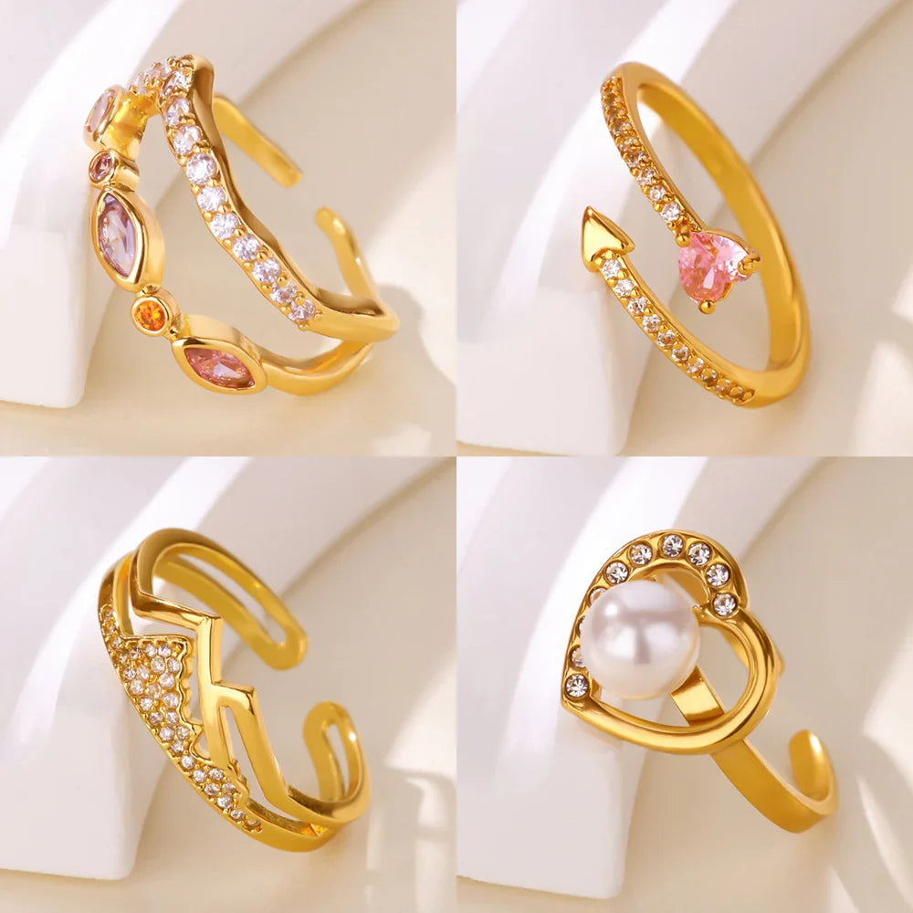 Fashion Pink Heart Zircon Rings for Women Gold Color Stainless Steel Imitation Pearl Ring Elegant Aesthetic Wedding Jewelry Gift Vera Lux