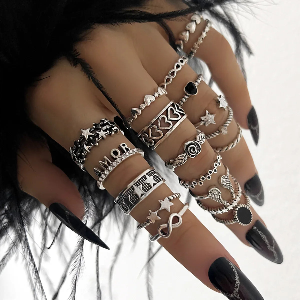 19 PCS Retro Punk Finger Ring Set For Women Vintage Heart Wing Star Gothic Ring Female Fashion Jewelry Accessories Vera Lux