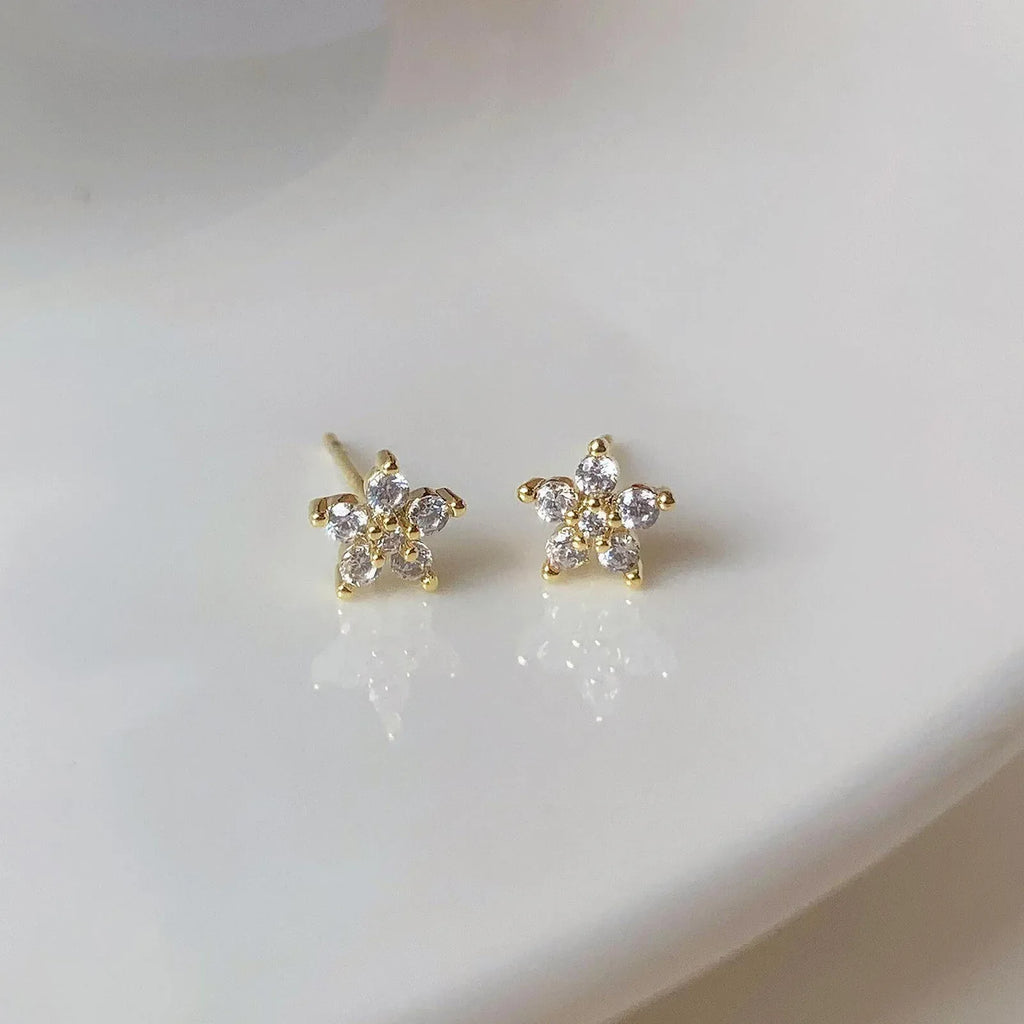 Pentagram Small Flower Zircon Stud Earrings S925 Sterling Silver Elegant Popular Female Accessories Gifts Party All Occasion Vera Lux