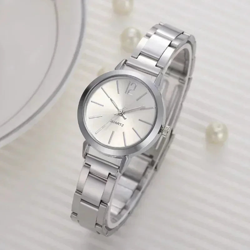 Relógio de pulso de quartzo redondo simples para mulheres, moda inoxidável, pulseira de ouro, relógios femininos, luxo, Vera Lux