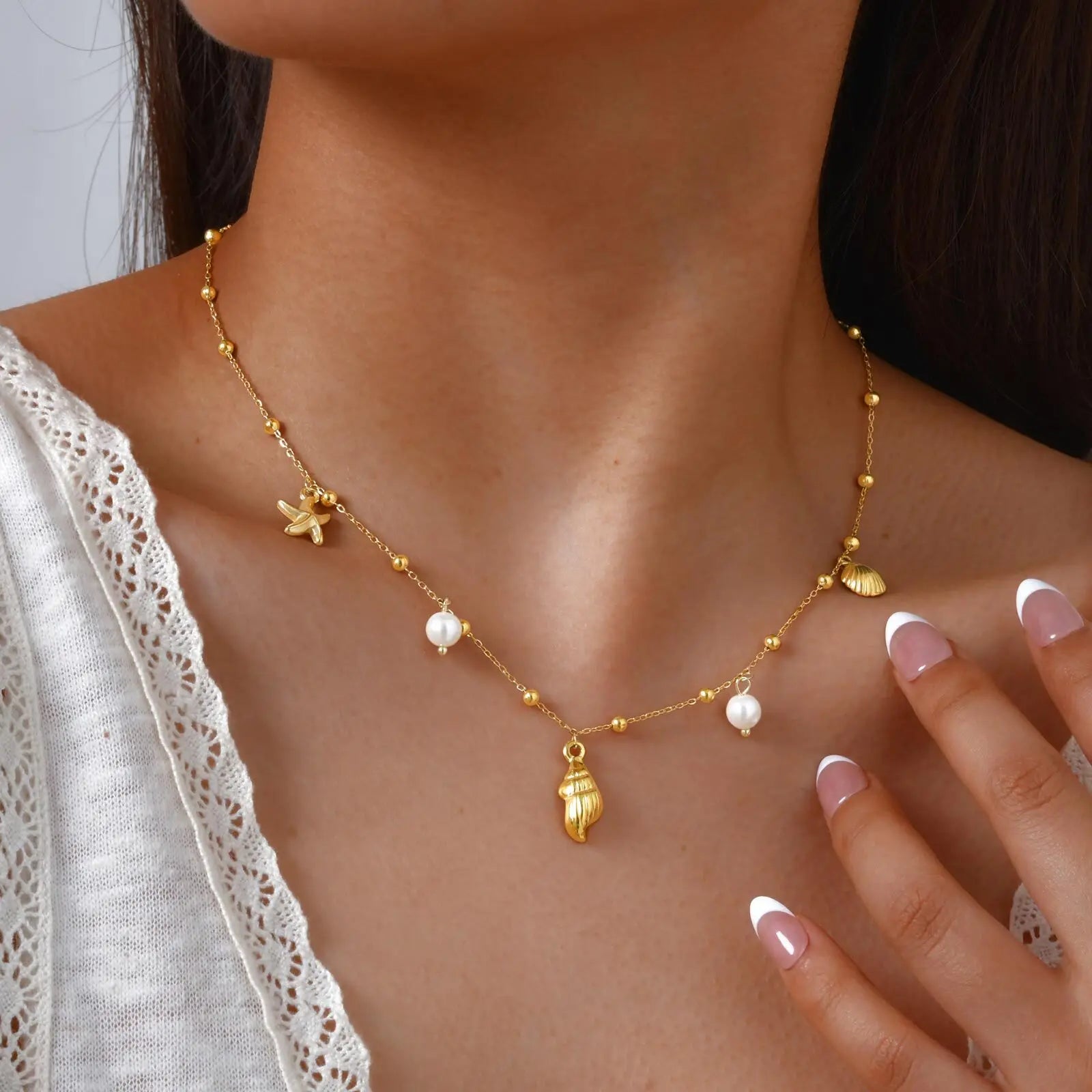 18k Gold Plated Pearl Shell Conch Starfish Summer Beach Necklace, Charms Necklace for Women,Stainless Steel Waterproof Jewelry Vera Lux