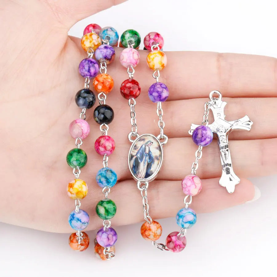 Religion Rosary Prayer Necklace For Women Virgin Mary INRI Cross Pendant Colorful Acrylic Beads Chain Christian Party Jewelry Vera Lux