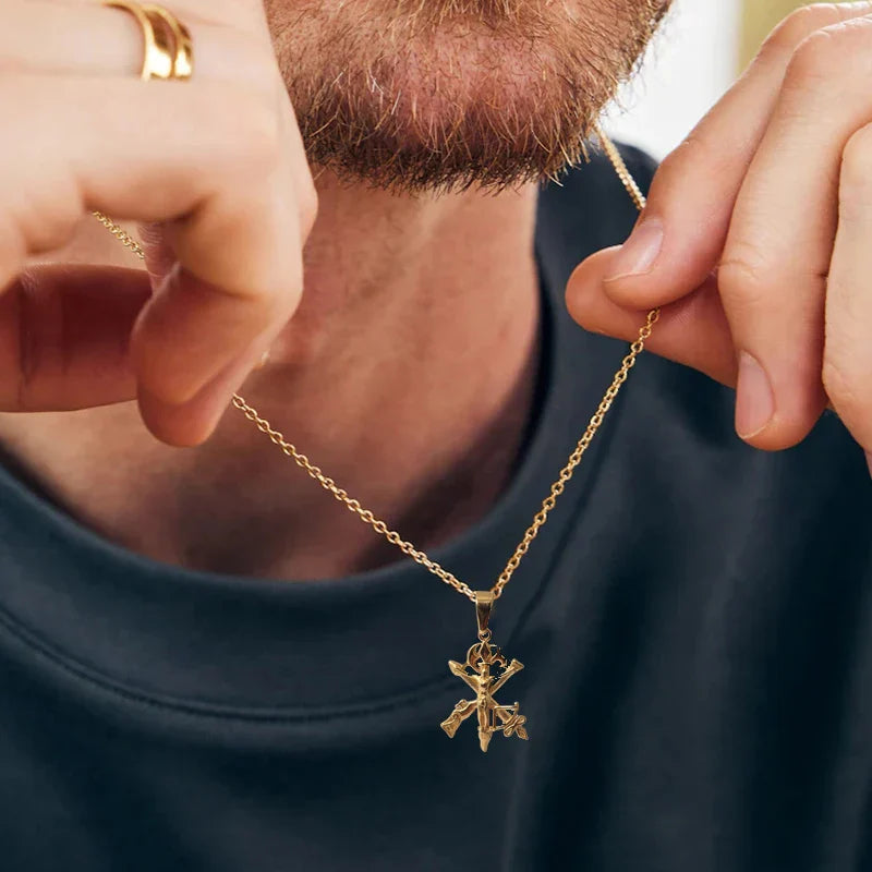 Trendy Jesus Cross Necklace - 18K Gold Plated Stainless Steel, Gun & Arrow Design for Men, Waterproof Religious Jewelry Gift Vera Lux