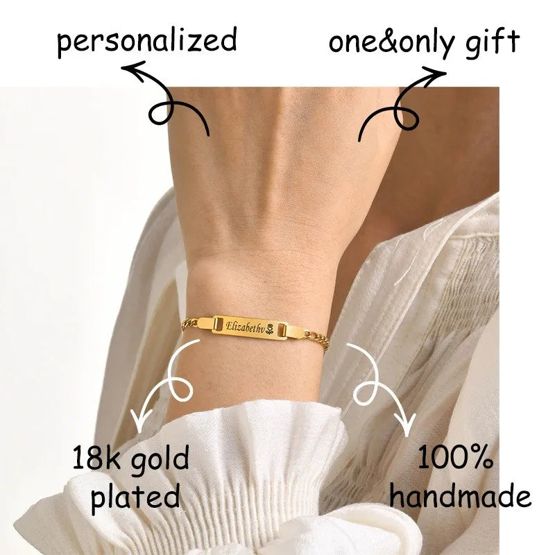 Customized Name & Text Gold Plated Stainless Steel Link Bracelet Fashion Personalized Custom Jewelry Men Women Vera Lux