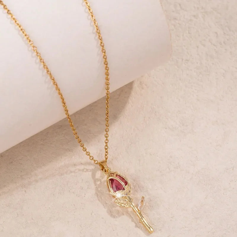 1 Piece Women's Red Zirconia Tulip Rose Pendant Necklace Copper Pendant Stainless Steel Chain Versatile Valentine's Day Gift Vera Lux