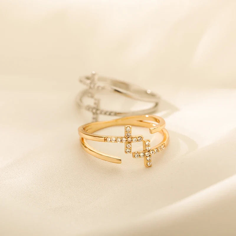 Zircon Double Cross Rings For Woman Stainless Steel Gold Color Shiny Opening Ring New Luxury Fashion Wedding Jewelry Gift Bague Vera Lux