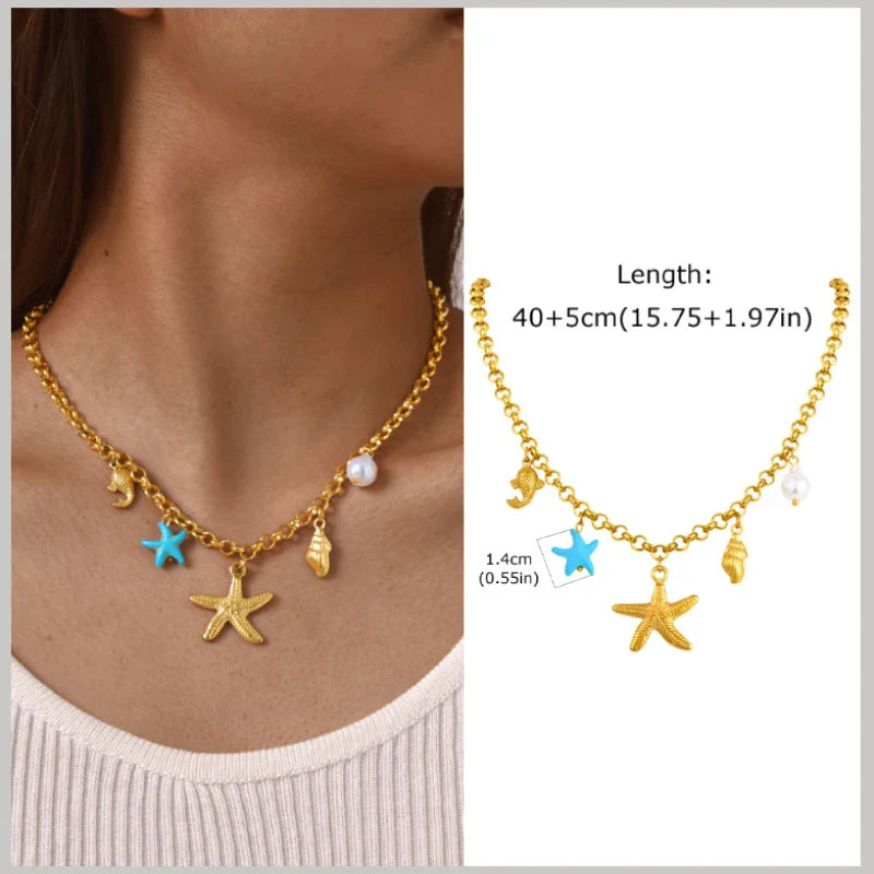 18k Gold Plated Pearl Shell Conch Starfish Summer Beach Necklace, Charms Necklace for Women,Stainless Steel Waterproof Jewelry Vera Lux