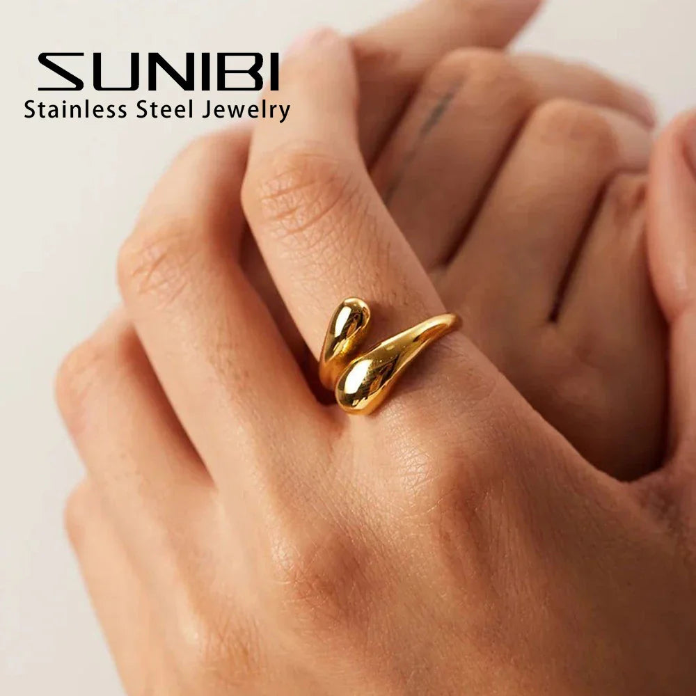SUNIBI Double Opening Ring for Woman Golden Glossy Feather Design Ring 316 Stainless Steel Women's Fashion Jewelry Wholesale Vera Lux