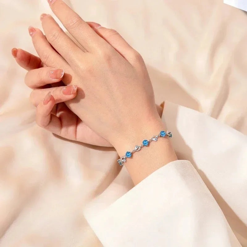 925 Sterling Silver Heart Shaped Necklace Bracelet Set for Women Vintage Korean Blue Crystal Bracelets Jewelry Set Party Jewelry Vera Lux