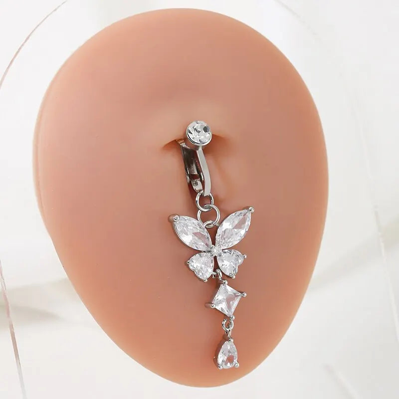 Clip On Belly Button Ring Butterfly Shape Copper Zircon Fake Belly Piercing Umbilical Navel Body Jewelry Trendy Fashion Style Vera Lux