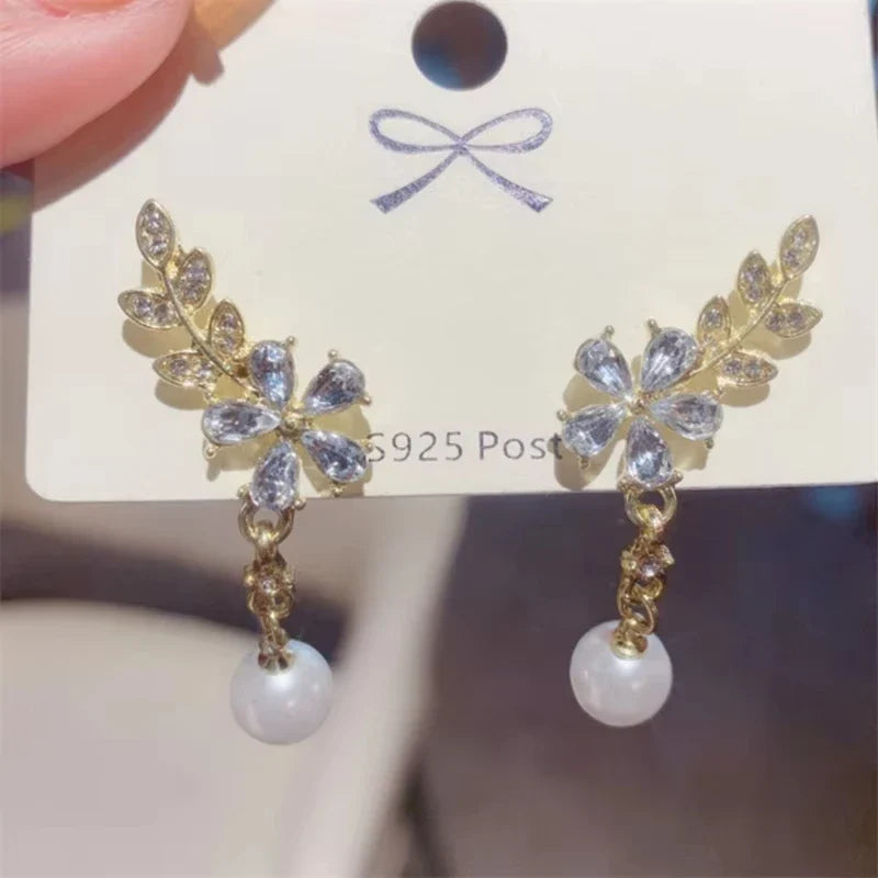Exquisite Leaves Crystal Flower Stud Earrings For Women AAA Zircon Rose Butterfly Tassel Earring Bride Wedding Party Jewelry Vera Lux