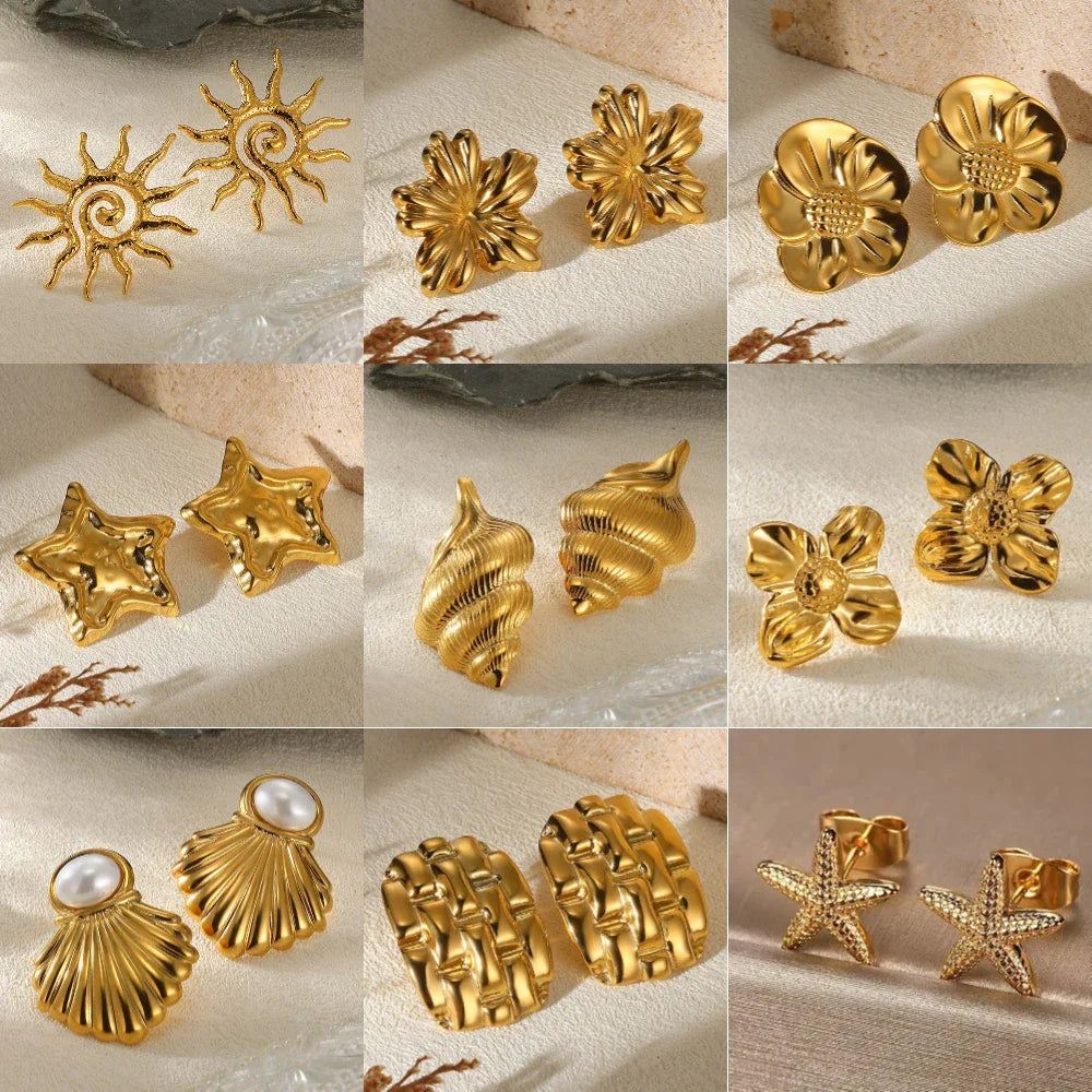 Geometric Flower Stainless Steel Earrings Women Sweet Sunflower Star Gold Color Ear Piercing Jewelry Wedding Accessories Gifts Vera Lux