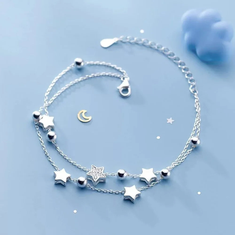 925 Stamp Silver Color Star Bracelet Fashion Korean Five-pointed Stars Crystal Double Bracelet Dropshipping Wholesale Vera Lux