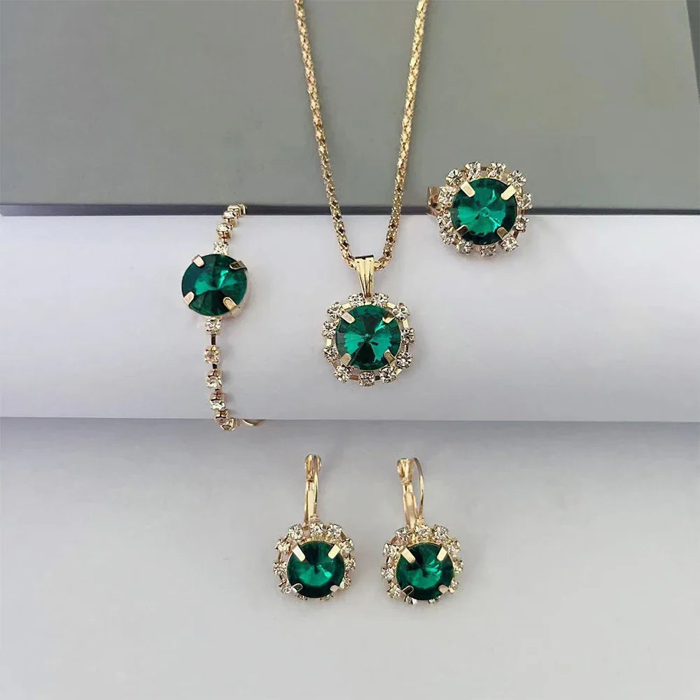 5 Piece Set Women Fashionable Temperament Circular Green Crystal Necklace Bracelet Earring Ring Combination Versatile Exquisite Vera Lux