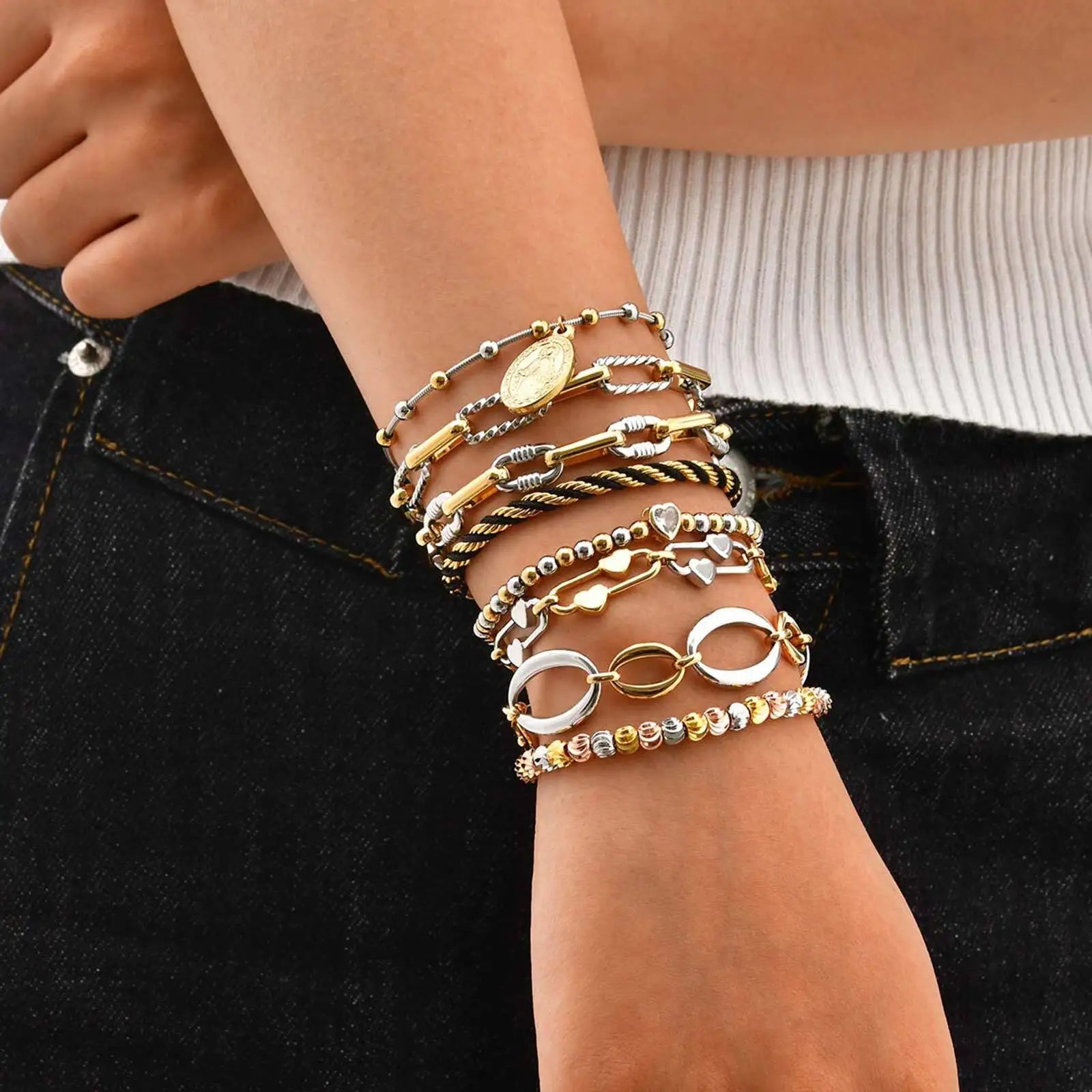 Two Tone Chain Bracelet for Women, Chunky Mixed Metal Link, Stainless Steel Waterproof Jewelry, Stylish Adjustable Wristband Vera Lux