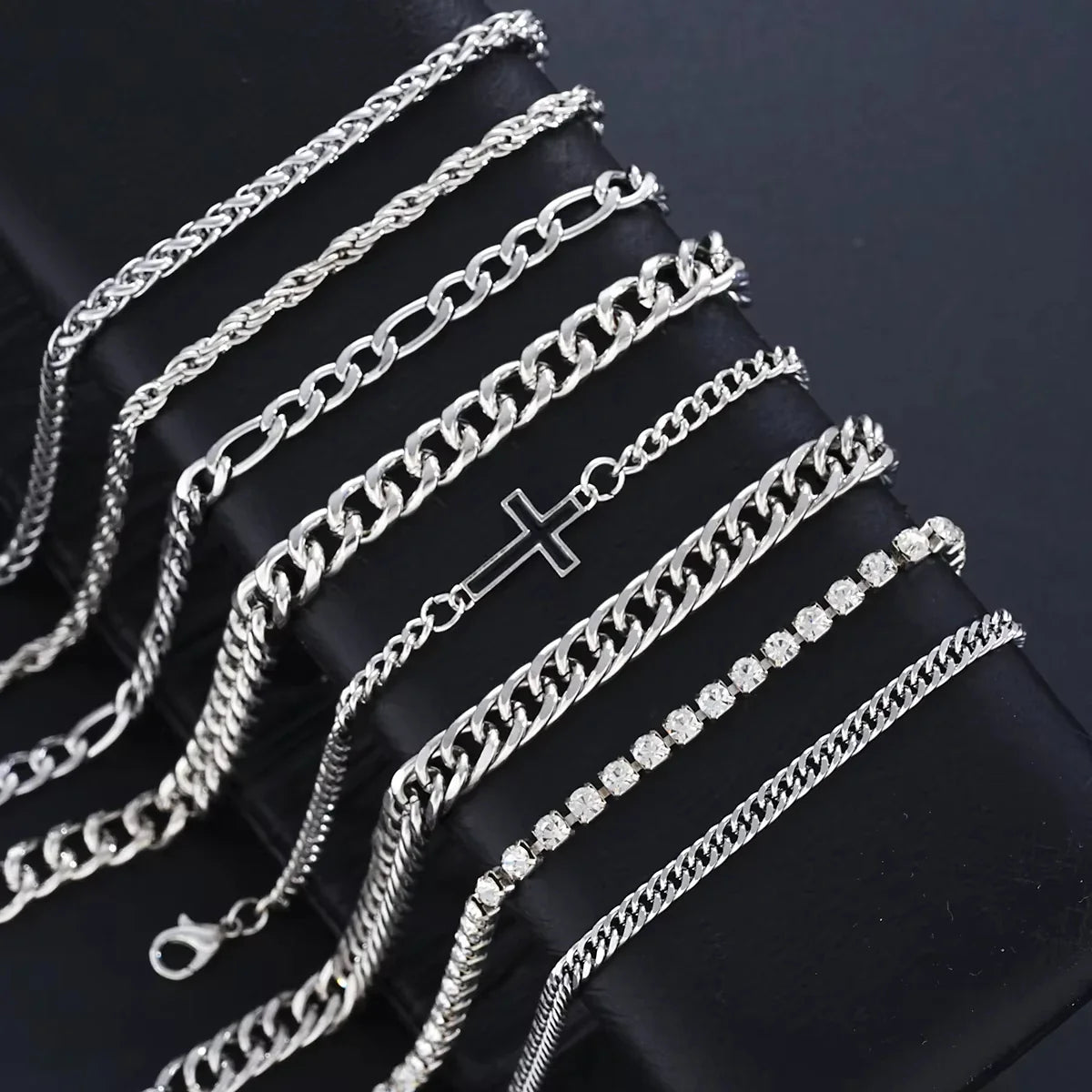 8Pcs Stainless Steel Cross Cuban Bracelets For Men Women Punk Silver Color Crystal Twist Chain Bracelet Daily Wear Fashion Vera Lux