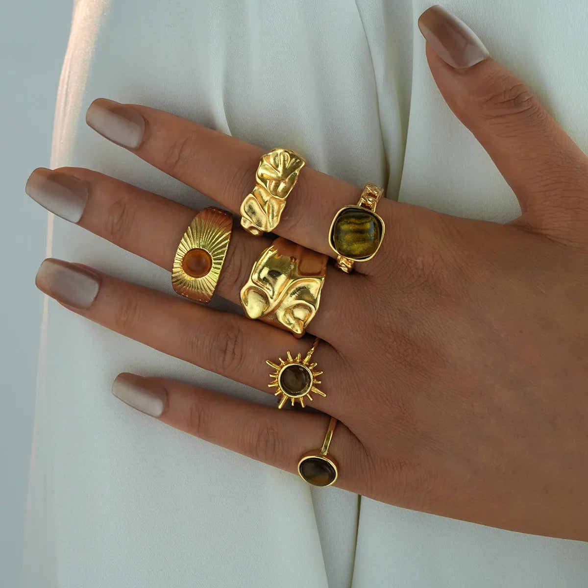 6Pcs/Set Vintage Sun Flower Tiger Eye Stone Rings for Women Irregular Gold Color Aesthetic Open Rings Fashion Jewelry Gifts 2025 Vera Lux