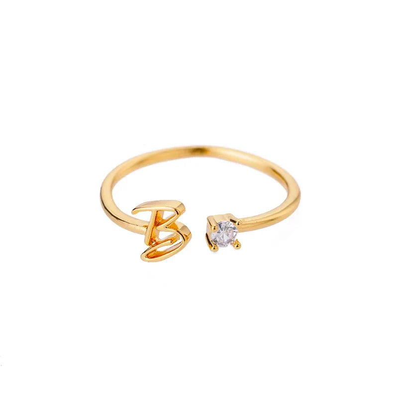 A-Z Initial Letter Open Rings for Women Stainless Steel Gold Color Zircon Adjustable Ring Trendy Couple Wedding Jewelry Gift Vera Lux