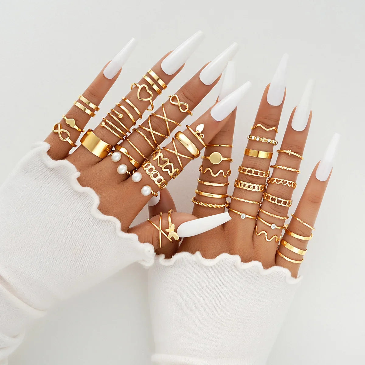 47Pcs/Set Vintage Gold Color Heart Rings Set For Women Men Hollow Butterfly Pearl Crystal Geometric Rings Trendy Finger Jewelry Vera Lux