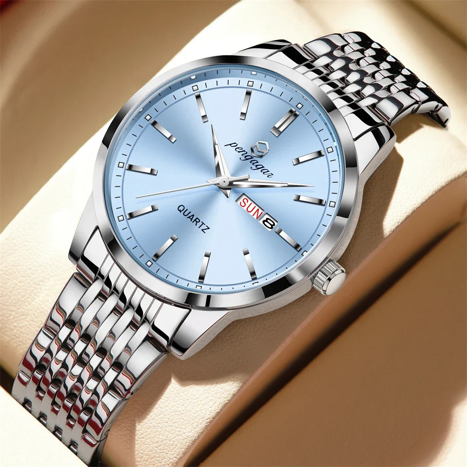 PENGAGAR Luxury Watch For Man Waterproof Luminous Date Week Stainless Steel Men Watch Casual Quartz Men's Watches Male Clock+box Vera Lux