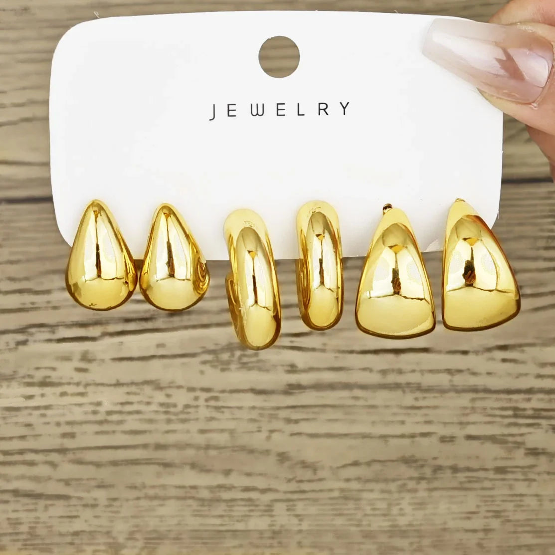 6pcs Chunky Gold Plated Waterdrop Hoop Earring Set For Women European and American Minimalist Smooth Circle Drop Earring Jewelry Vera Lux