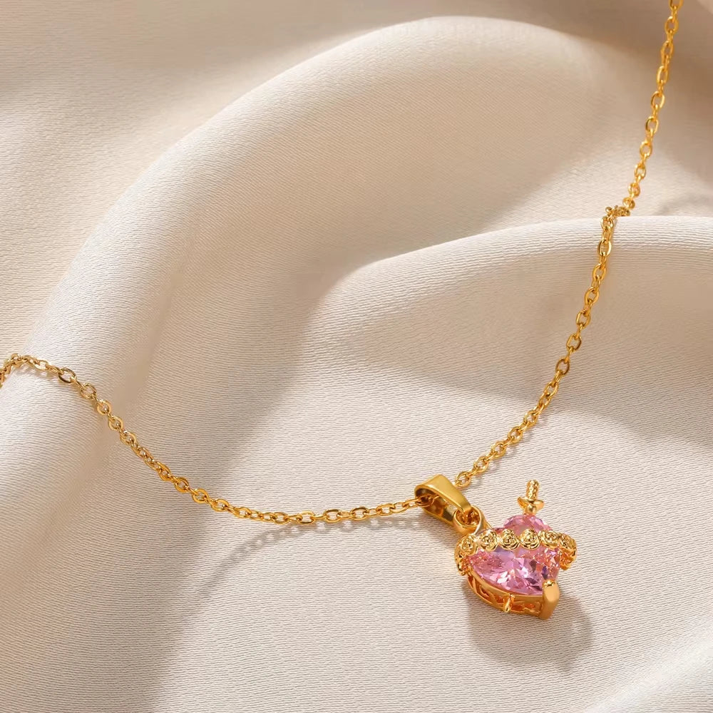 Pink Heart Zircon Necklace Gold Color Stainless Steel Cupid Eros Arrow Heart Pendant Necklace Korean Fashion Jewelry Girls Party Vera Lux