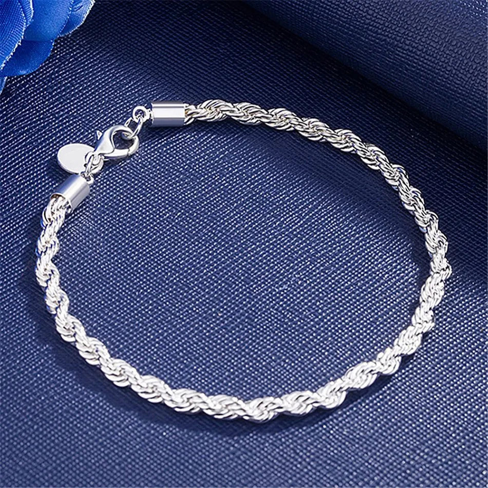 ALIZERO 925 Sterling Silver Unisex 4mm Rope Chain Bracelets for Men Women Twisted Links Chain Bracelet Simple Classic Jewelry Vera Lux