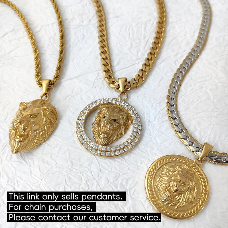 Men's Rock Hip Hop Crystal Inlay Lion Head Pendant Fashion Creative Stainless Steel Gold Color Party Club Charm Jewelry Vera Lux