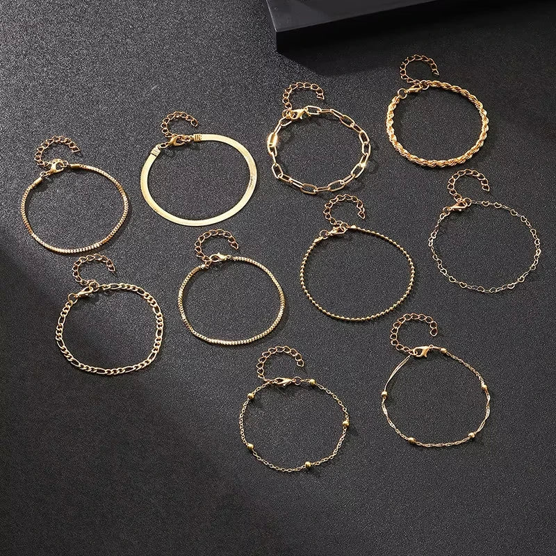 10 Pcs Vintage Statement Gold Color Flat Snake Chain Box Chain Bracelet Boho Multi-layer Metal Bracelet Women's Summer Jewelry Vera Lux