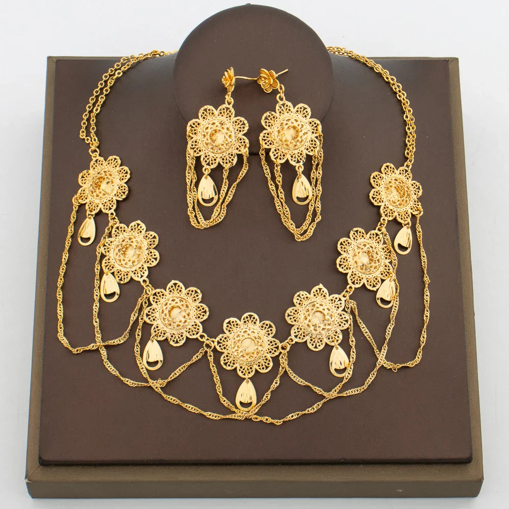 African 18k Gold Color Jewelry Set for Women Flower Design Necklace and Earrings 2Pcs Set for Weddings Party Jewelry Dubai Gift Vera Lux