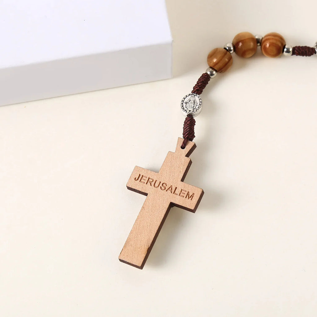 Wooden Rosary Necklace For Women Men Christian Cross Pendant 10MM Long Wood Beads Chain Fashion Religion Prayer Jewelry Vera Lux