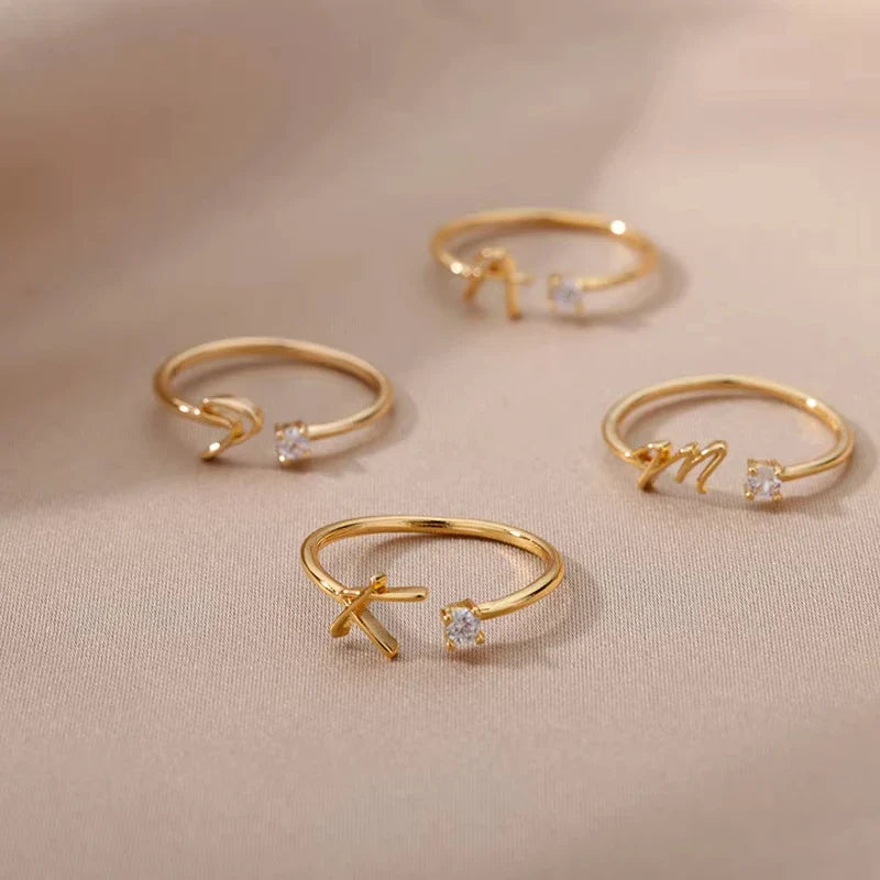 Zircon Initial Letter Ring for Women Stainless Steel Gold Color Alphabet Open Ring Trendy Wedding Birthday Aesthetic Jewelry Vera Lux