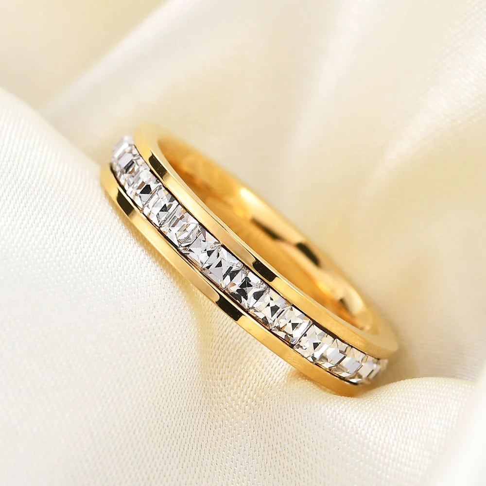 VQYSKO Square Zircon Stainless Steel Ring White Zircon Engagement Party Accessories Geometric Couple Custom Ring Vera Lux