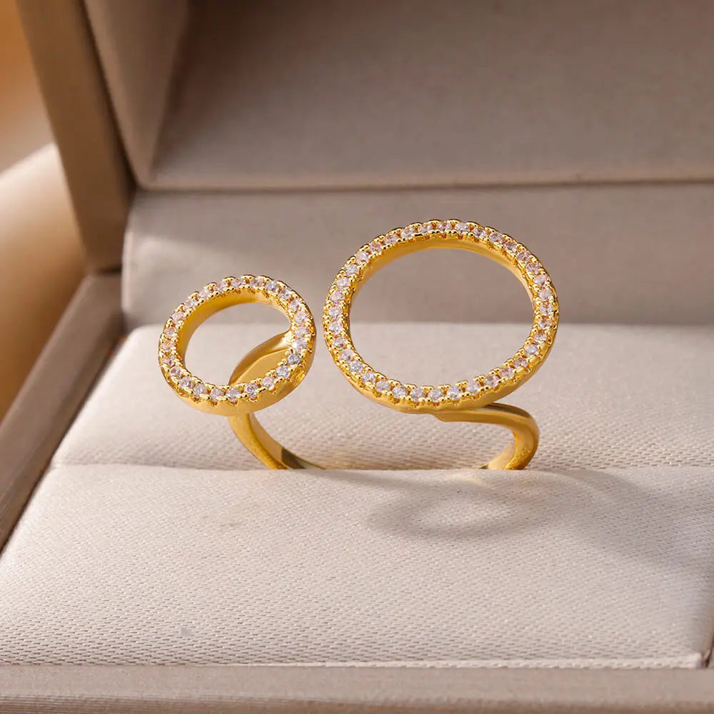 Zircon Double Circle Rings For Women Stainless Steel Adjustable Geometric Circle Ring Wedding Party Aesthetic Jewerly Gift femme Vera Lux