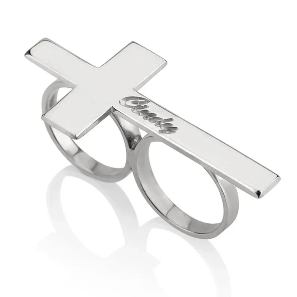Custom Cross Ring Two Finger Ring Engraving Name Silver Stainless Steel Ring Men Knuckle Jewelry Personalized Gift for Boyfriend Vera Lux
