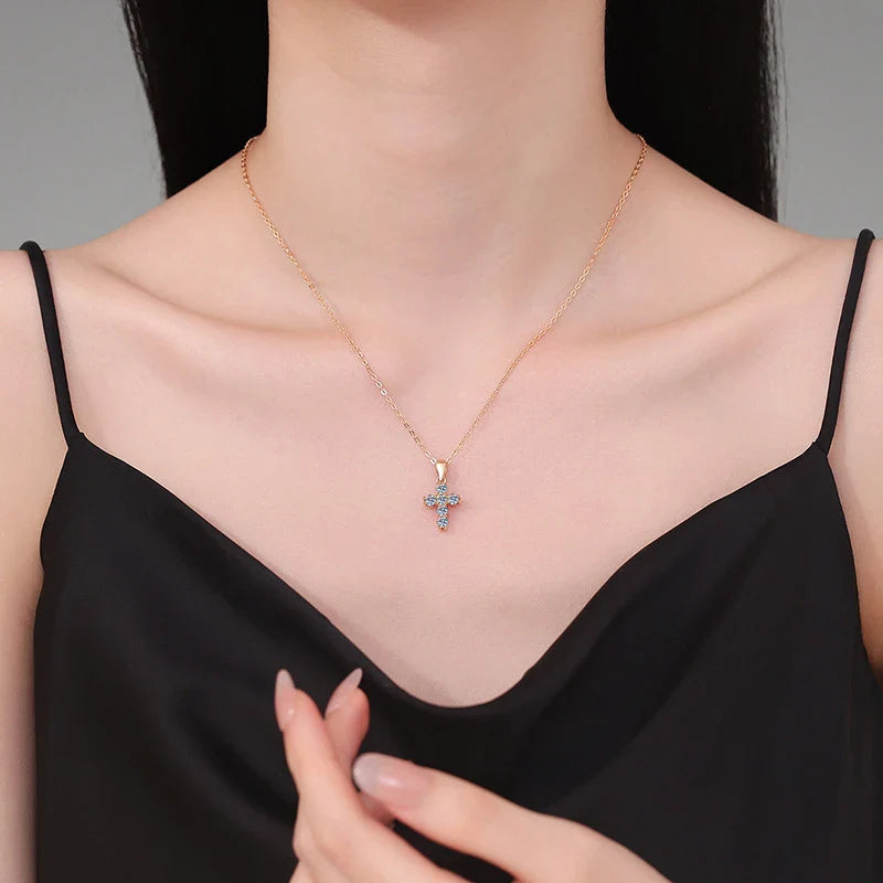 NeeTim 3mm D VVS1 Moissanite Cross Necklace for Women Lab Diamond Sterling Silver 925 Wedding Pendant Certified Necklaces Vera Lux