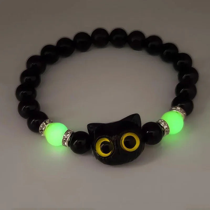 1 PC Matching Bracelets Couples Women Men Luminous Cute Cat Friendship Bracelete Black White Cat Head Bead Strand Bracelet Vera Lux