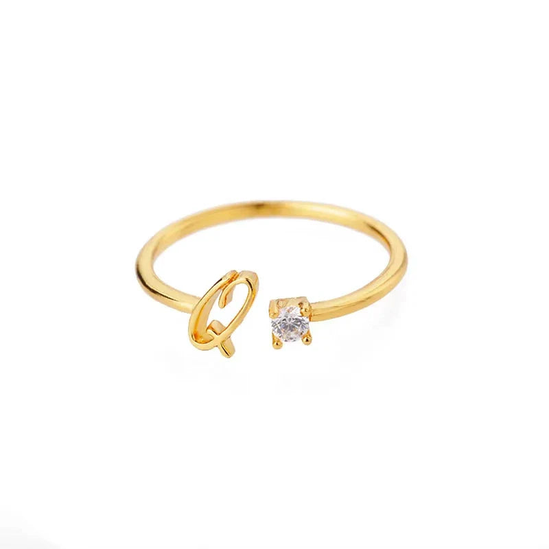 A-Z Initial Letter Open Rings for Women Stainless Steel Gold Color Zircon Adjustable Ring Trendy Couple Wedding Jewelry Gift Vera Lux