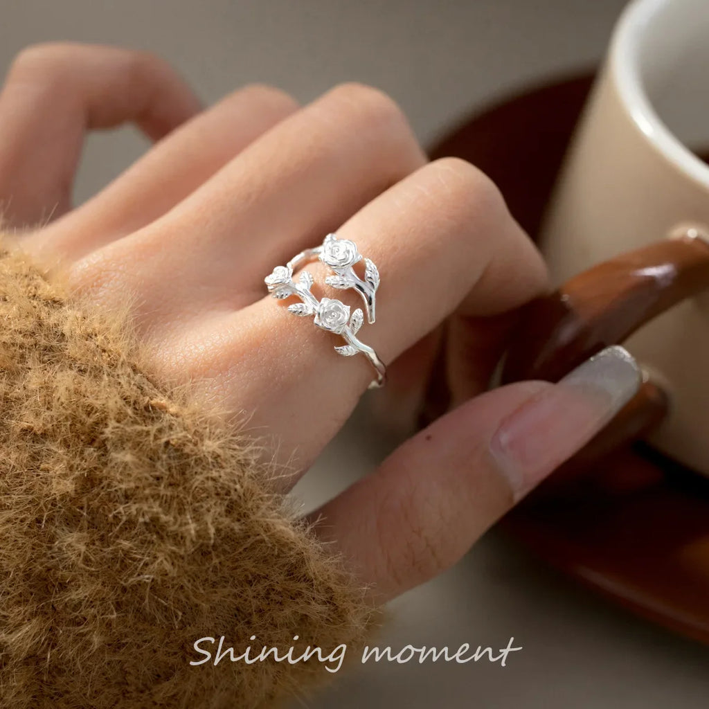 925 Sterling Silver Roses Branch Adjustable Rings For Women Engagement Wedding Female Luxury Jewelry Accessories Jewellery Vera Lux